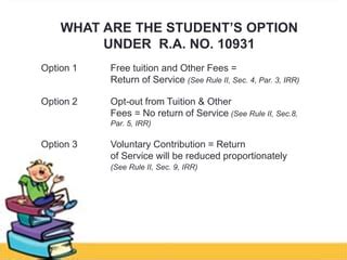 ra 10931 irr|Programs under R.A. 10931 .